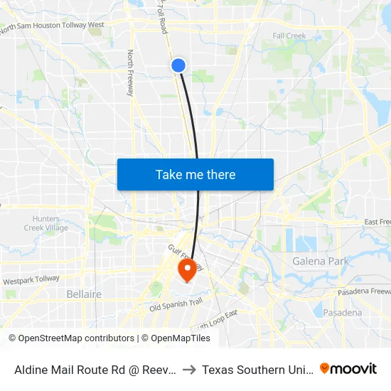 Aldine Mail Route Rd @ Reeveston Rd to Texas Southern University map