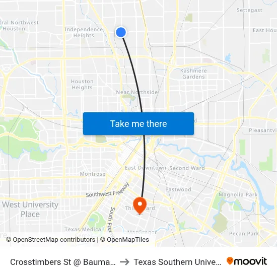 Crosstimbers St @ Bauman Rd to Texas Southern University map