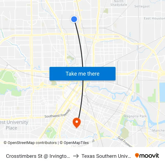 Crosstimbers St @ Irvington Blvd to Texas Southern University map