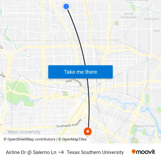 Airline Dr @ Salerno Ln to Texas Southern University map