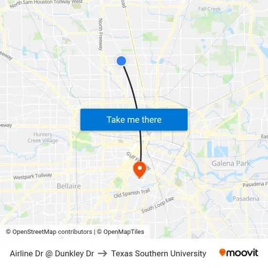 Airline Dr @ Dunkley Dr to Texas Southern University map