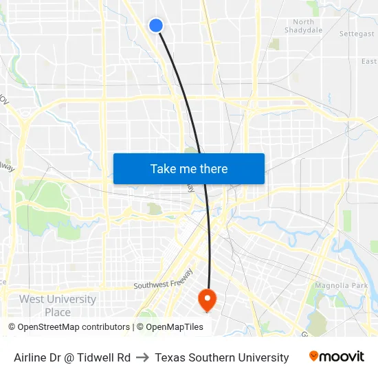Airline Dr @ Tidwell Rd to Texas Southern University map
