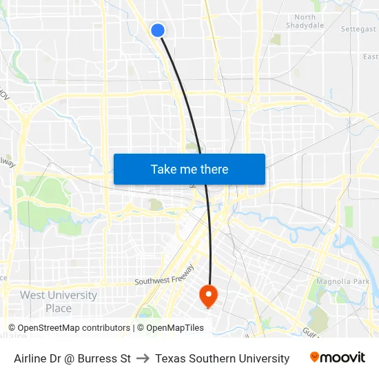 Airline Dr @ Burress St to Texas Southern University map