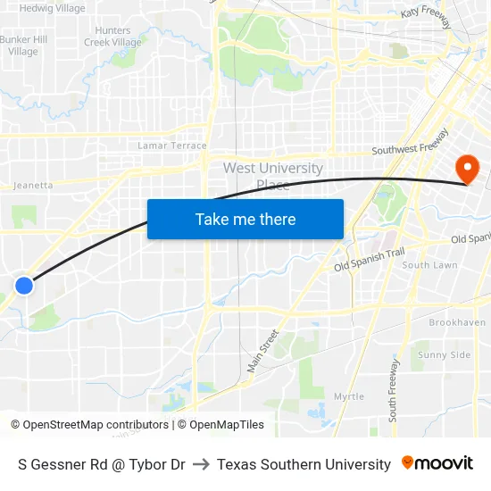 S Gessner Rd @ Tybor Dr to Texas Southern University map