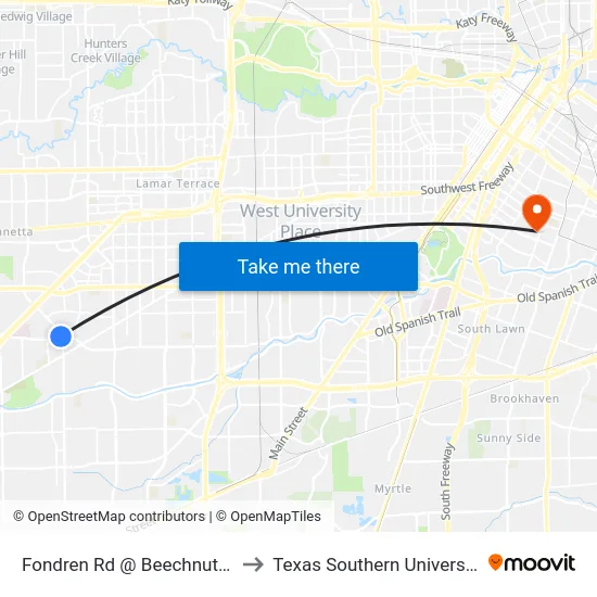 Fondren Rd @ Beechnut St to Texas Southern University map