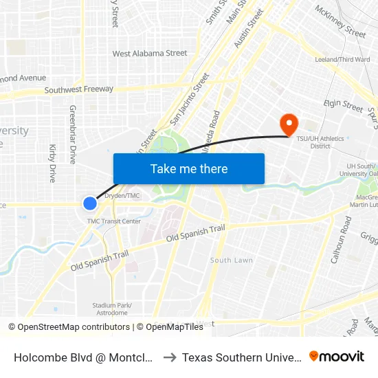 Holcombe Blvd @ Montclair Dr to Texas Southern University map