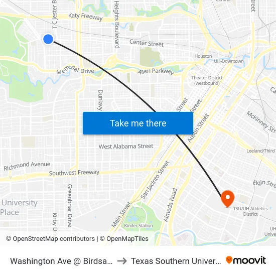 Washington Ave @ Birdsall St to Texas Southern University map