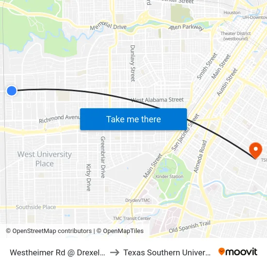 Westheimer Rd @ Drexel Dr to Texas Southern University map