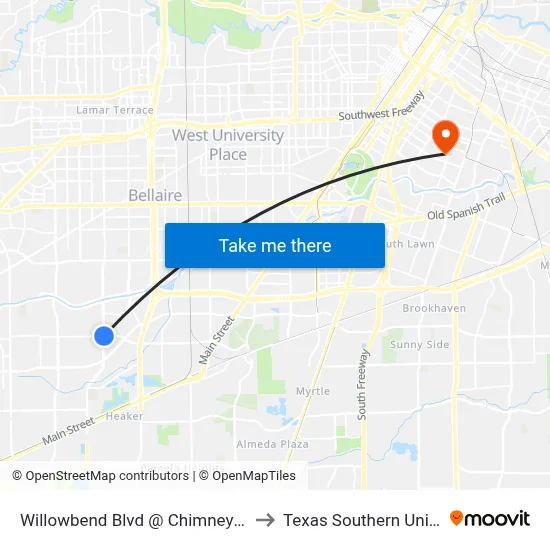 Willowbend Blvd @ Chimney Rock Rd to Texas Southern University map