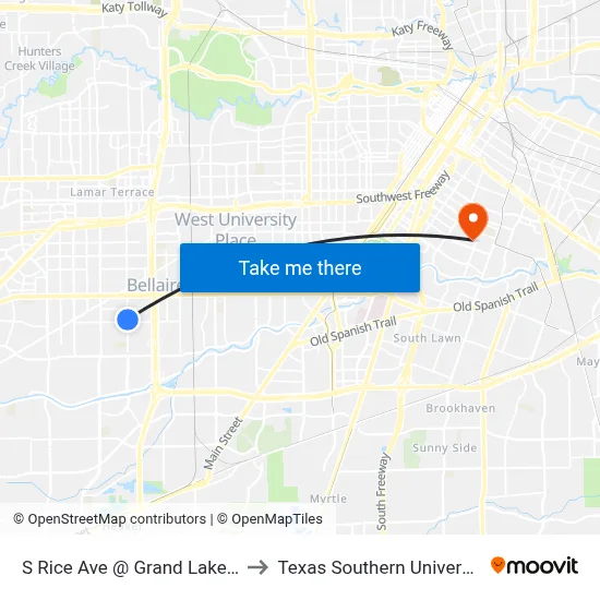 S Rice Ave @ Grand Lake St to Texas Southern University map