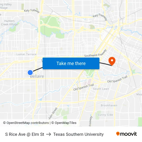 S Rice Ave @ Elm St to Texas Southern University map
