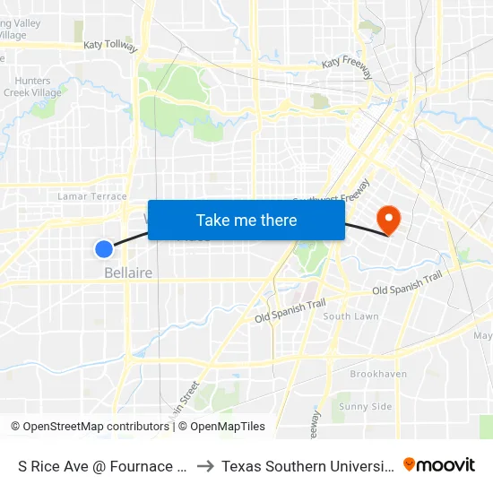 S Rice Ave @ Fournace Pl to Texas Southern University map