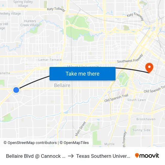 Bellaire Blvd @ Cannock Rd to Texas Southern University map