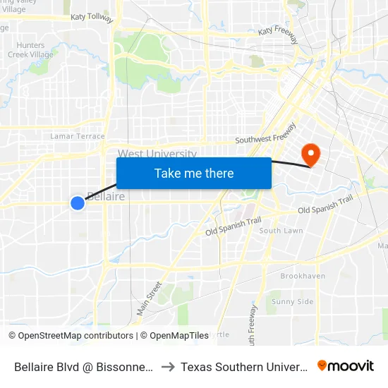 Bellaire Blvd @ Bissonnet St to Texas Southern University map
