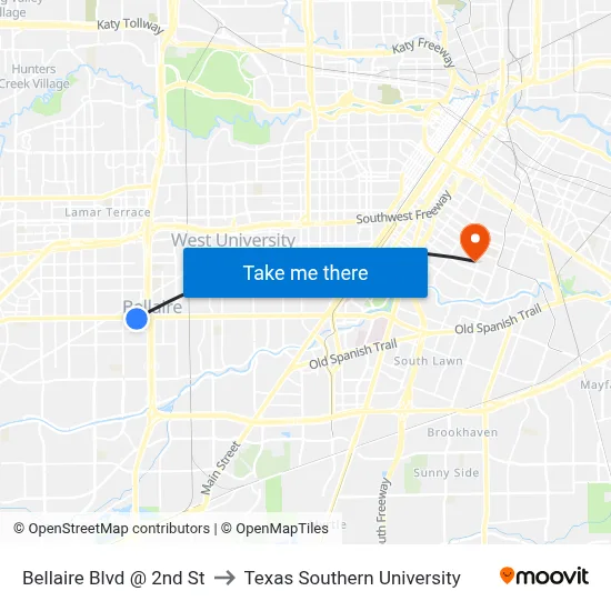 Bellaire Blvd @ 2nd St to Texas Southern University map