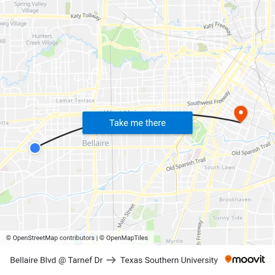 Bellaire Blvd @ Tarnef Dr to Texas Southern University map