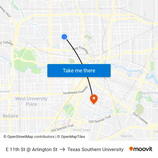 E 11th St @ Arlington St to Texas Southern University map