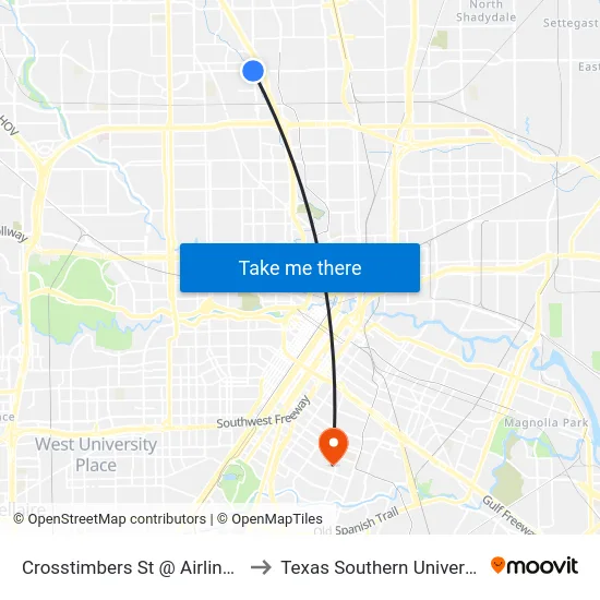 Crosstimbers St @ Airline Dr to Texas Southern University map