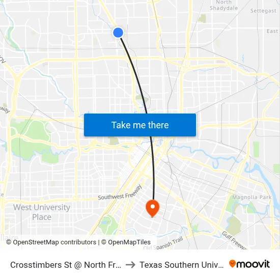 Crosstimbers St @ North Freeway to Texas Southern University map