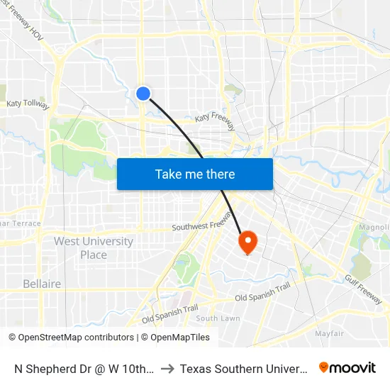N Shepherd Dr @ W 10th St to Texas Southern University map