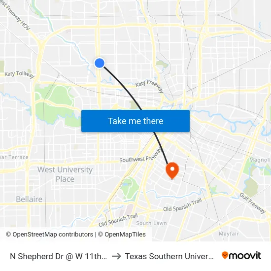 N Shepherd Dr @ W 11th St to Texas Southern University map