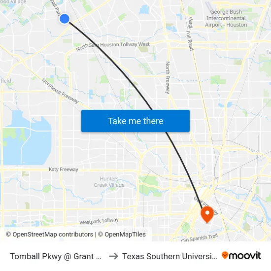 Tomball Pkwy @ Grant Rd to Texas Southern University map