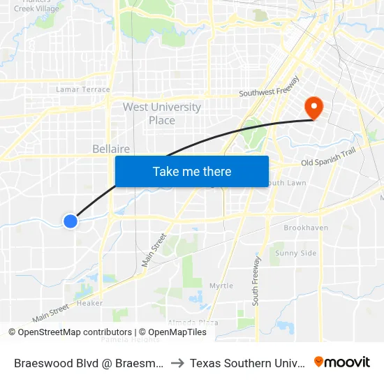 Braeswood Blvd @ Braesmont Dr to Texas Southern University map