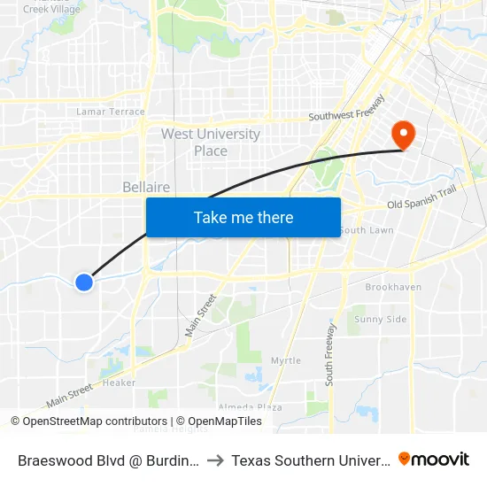 Braeswood Blvd @ Burdine St to Texas Southern University map