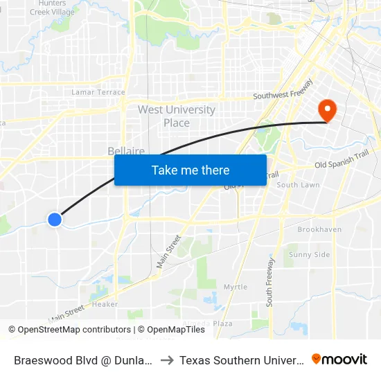 Braeswood Blvd @ Dunlap St to Texas Southern University map