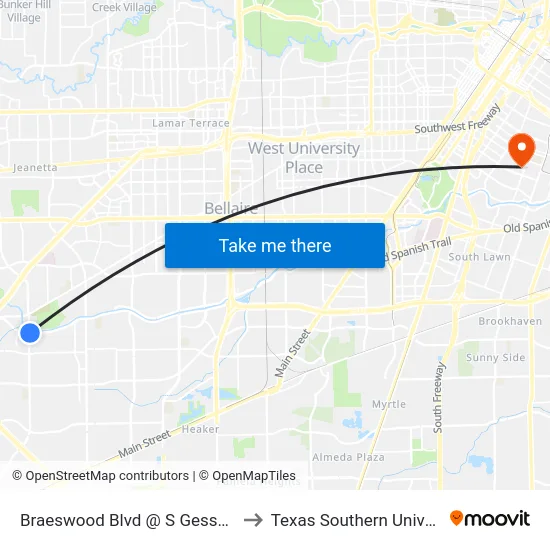 Braeswood Blvd @ S Gessner Rd to Texas Southern University map