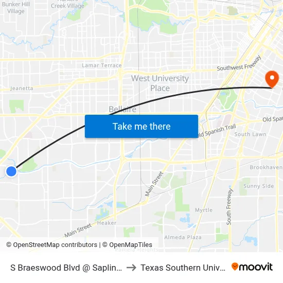 S Braeswood Blvd @ Sapling Way to Texas Southern University map