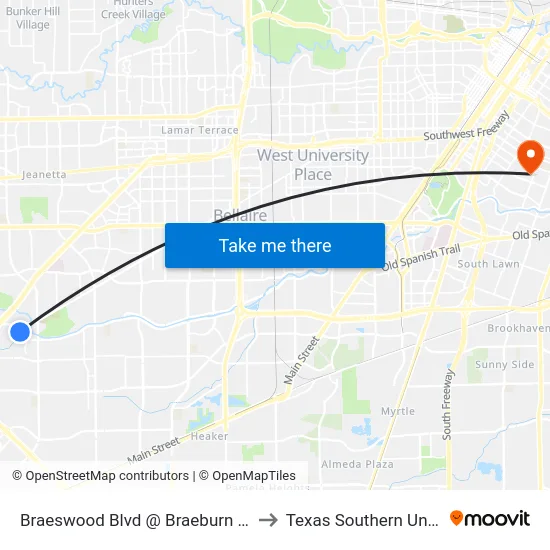 Braeswood Blvd @ Braeburn Glen Blvd to Texas Southern University map