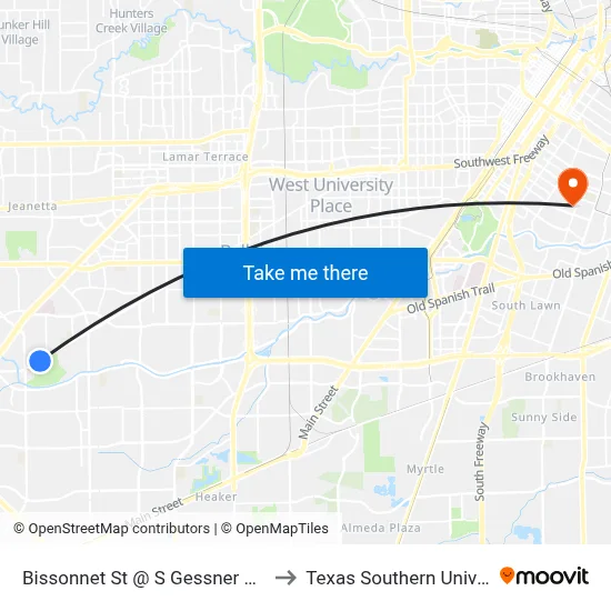 Bissonnet St @ S Gessner Rd Mb2 to Texas Southern University map