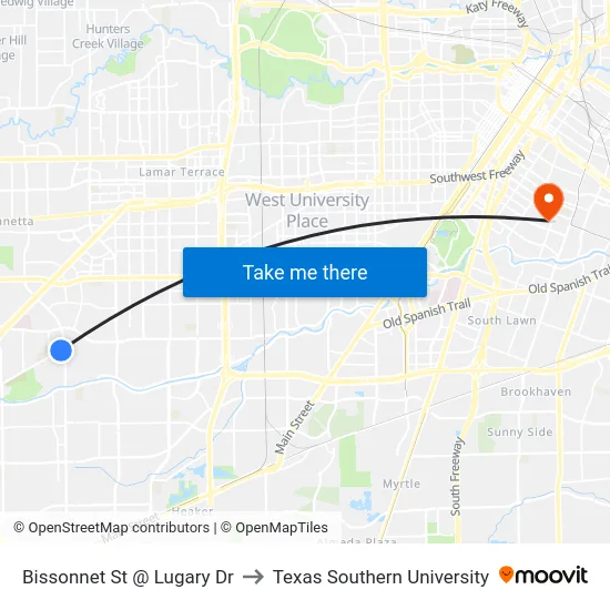 Bissonnet St @ Lugary Dr to Texas Southern University map