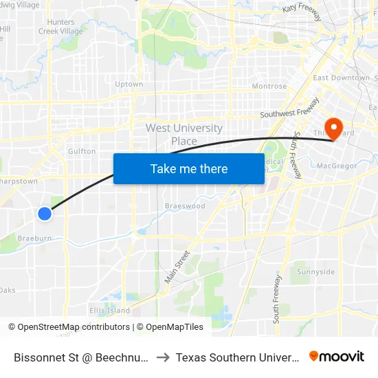 Bissonnet St @ Beechnut St to Texas Southern University map