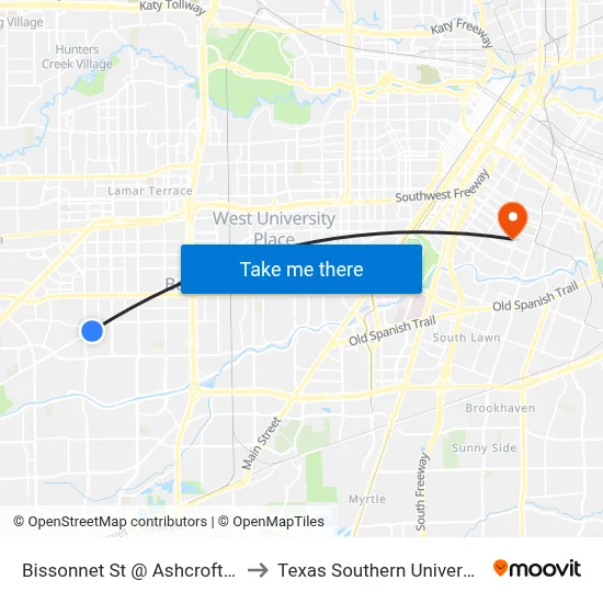 Bissonnet St @ Ashcroft Dr to Texas Southern University map