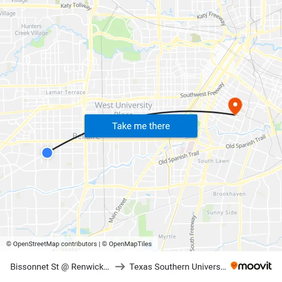 Bissonnet St @ Renwick Dr to Texas Southern University map