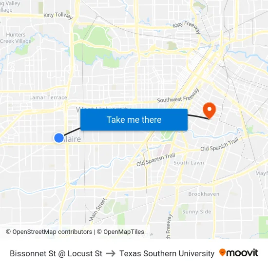 Bissonnet St @ Locust St to Texas Southern University map