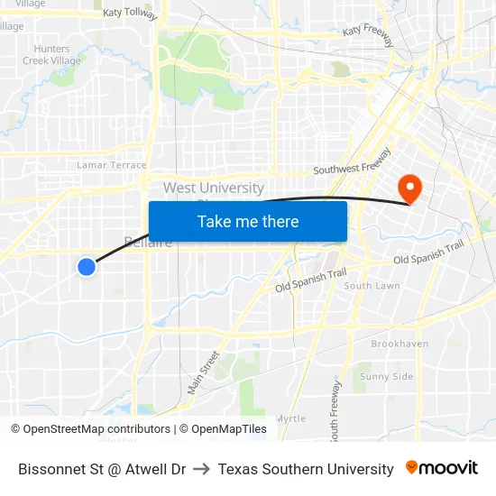Bissonnet St @ Atwell Dr to Texas Southern University map