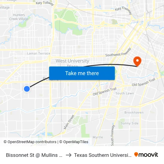 Bissonnet St @ Mullins Dr to Texas Southern University map