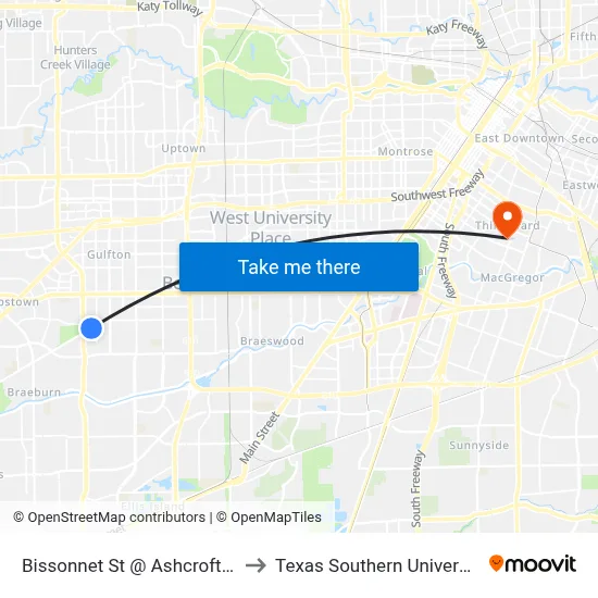 Bissonnet St @ Ashcroft Dr to Texas Southern University map