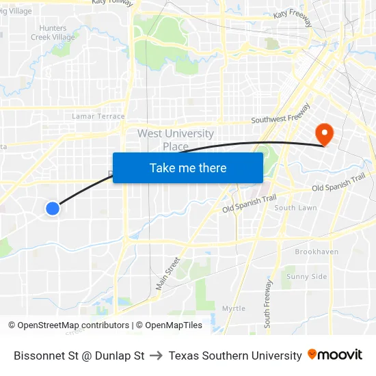 Bissonnet St @ Dunlap St to Texas Southern University map