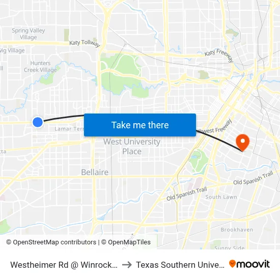 Westheimer Rd @ Winrock Blvd to Texas Southern University map