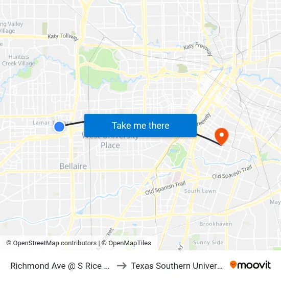 Richmond Ave @ S Rice Ave to Texas Southern University map