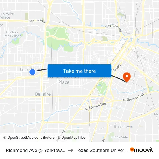 Richmond Ave @ Yorktown St to Texas Southern University map