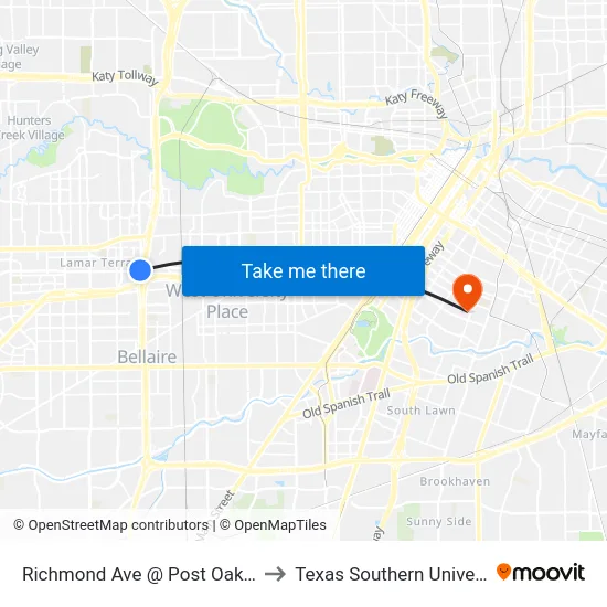 Richmond Ave @ Post Oak Blvd to Texas Southern University map