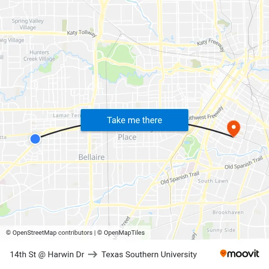 14th St @ Harwin Dr to Texas Southern University map