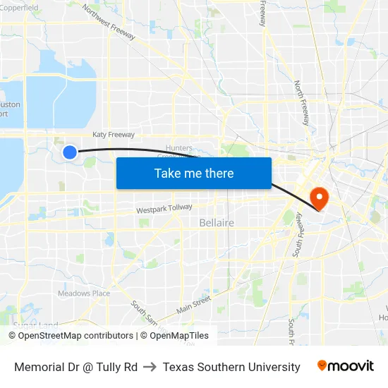 Memorial Dr @ Tully Rd to Texas Southern University map