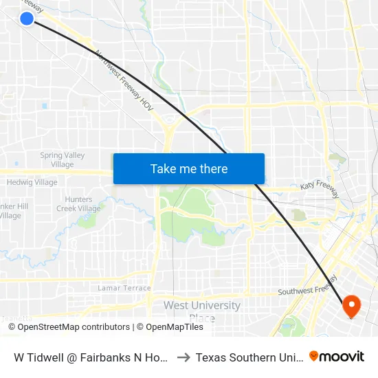 W Tidwell @ Fairbanks N Houston MB to Texas Southern University map
