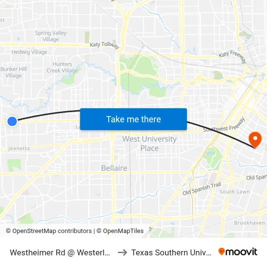 Westheimer Rd @ Westerland Dr to Texas Southern University map